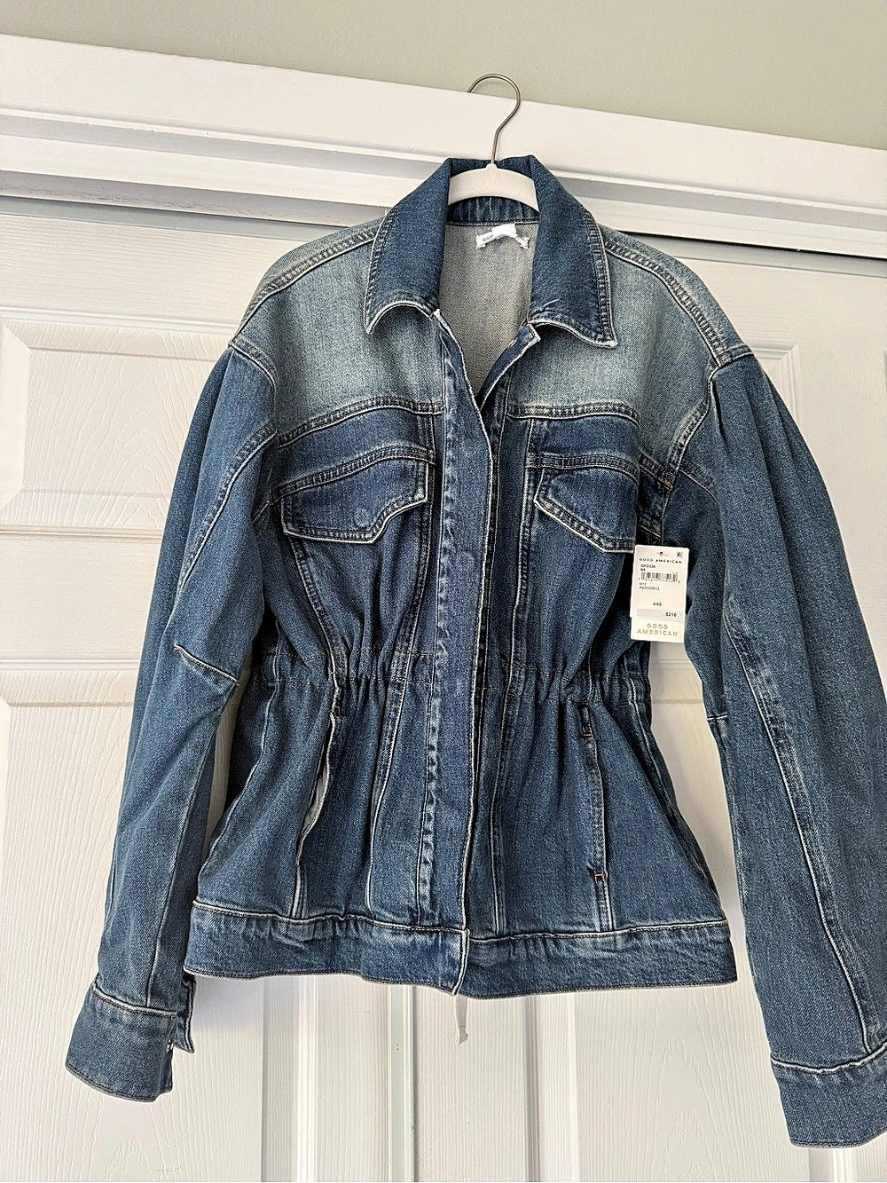 Good American Cinched Waist Denim Jacket, blue,  XS